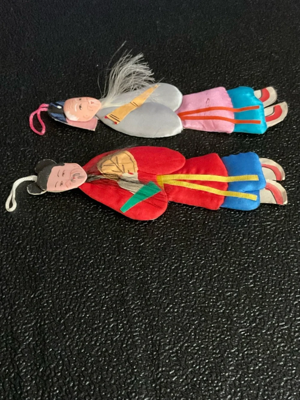2 Vintage Chinese Folk Art Padded Silk & Cardboard Immortals Ornaments 5”
